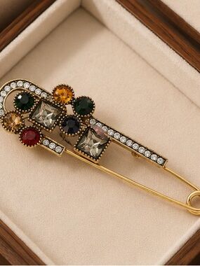 Vintage Jeweled Safety Pin Brooch | Statement Rhinestone Pin